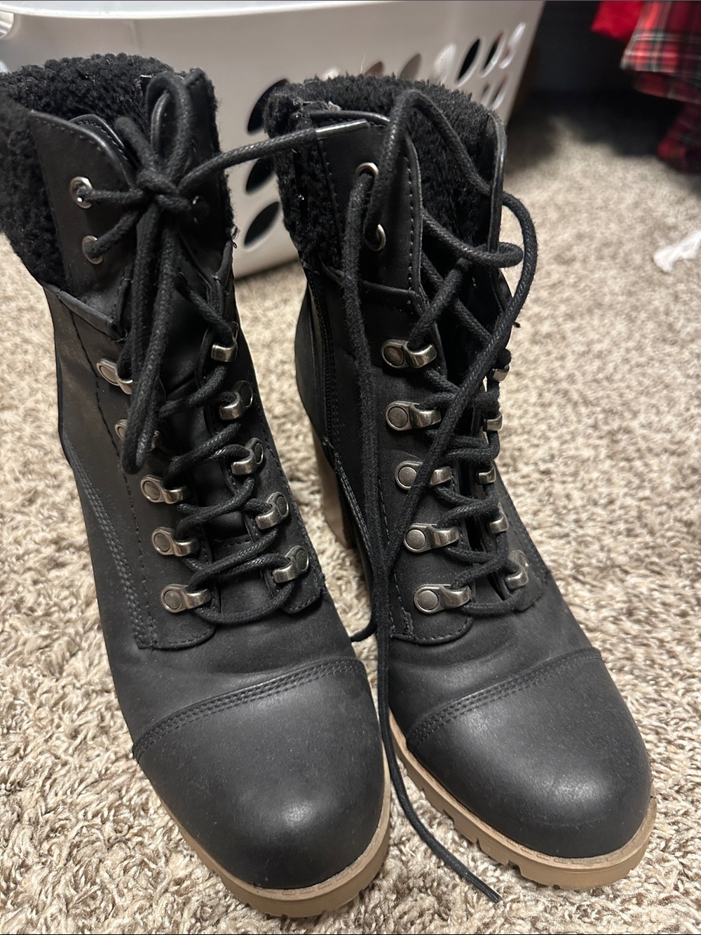 Sugar Black Lace-Up Faux Fur Ankle Boots